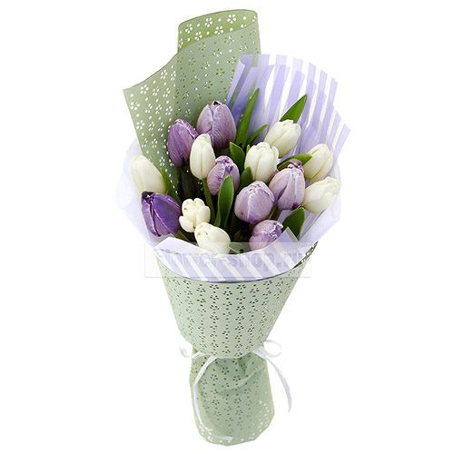 Фото товара 15 бело-фиолетовых тюльпанов