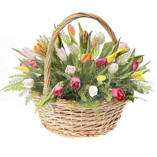 Фото товара 45 тюльпанов ассорти в корзине с декором